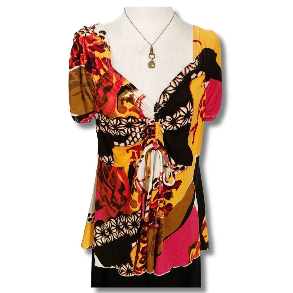 CLIENTELE Leopard floral abstract print v-neck short sleeve top ~ LARGE XL shirt